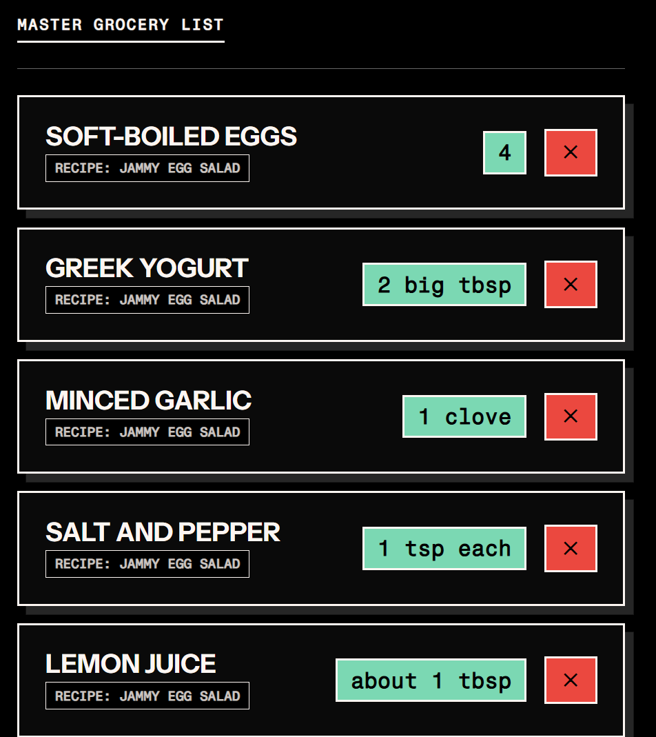 Master grocery list aggregated from saved recipe reels